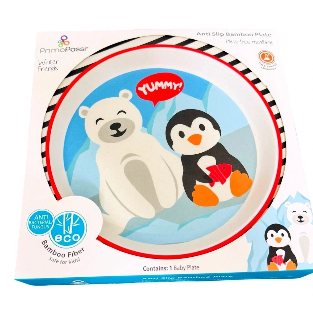 Prima Passi baby plate new‎ in box Winter friends anti-slip bamboo plate